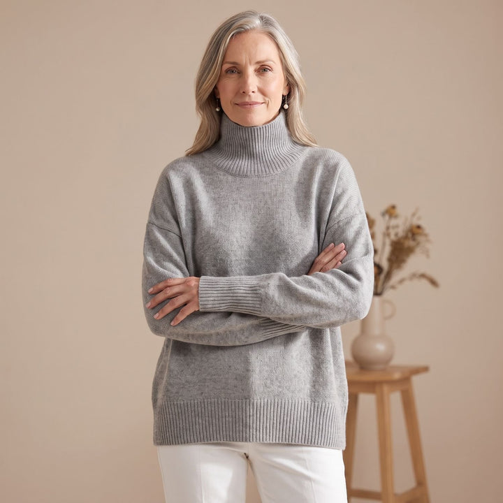 Women's Oversized Turtleneck Knit Sweater Ribbed Trim - Gray