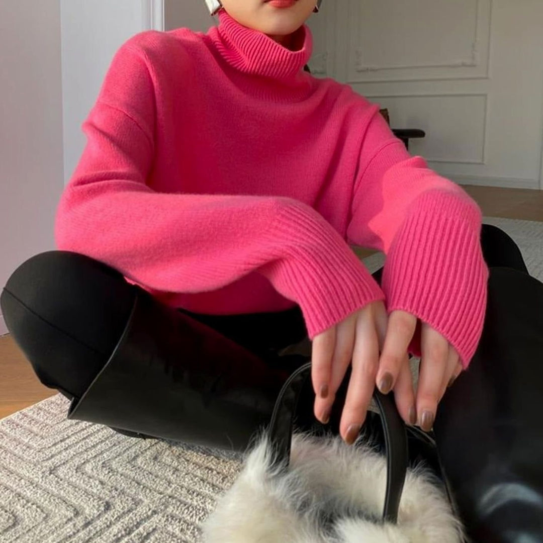 Women's Oversized Turtleneck Long-Sleeve Knit Sweater - Rose