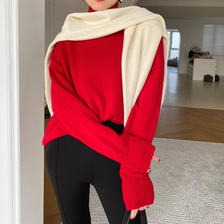 Women's Oversized Turtleneck Long-Sleeve Knit Sweater - Red