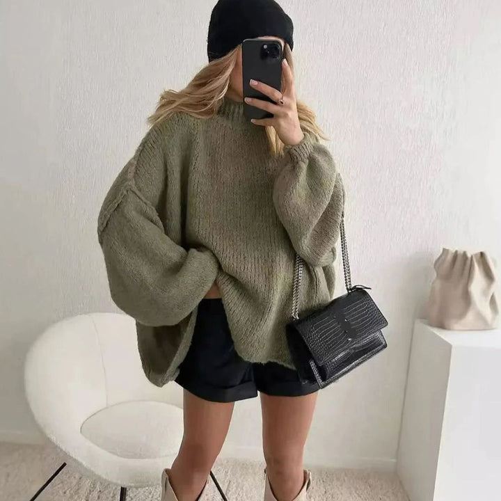 Women's Oversized Turtleneck Sweater Long Sleeve Cozy Knit Pullover - Green