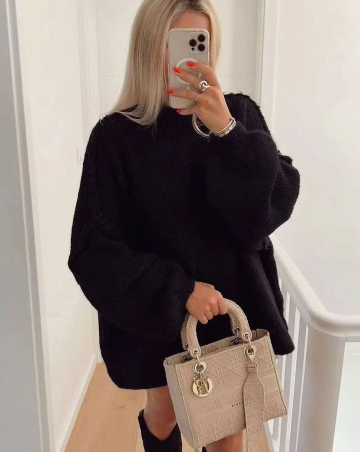 Women's Oversized Turtleneck Sweater Long Sleeve Cozy Knit Pullover - Black