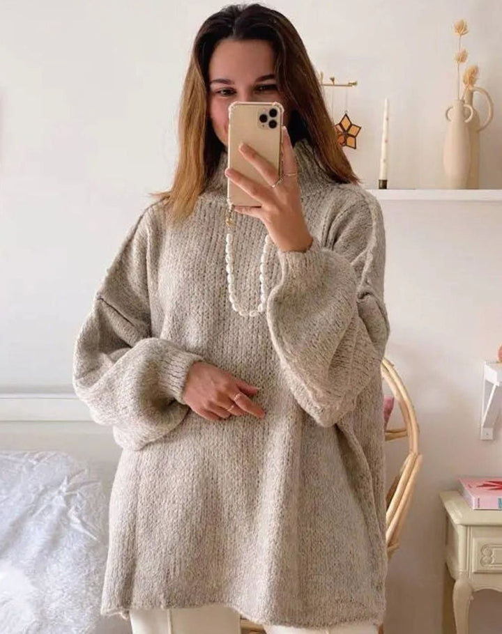 Women's Oversized Turtleneck Sweater Long Sleeve Cozy Knit Pullover - Khaki