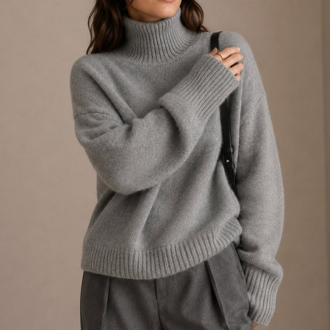 Women's Oversized Turtleneck Sweater Relaxed Soft Knit - Gray