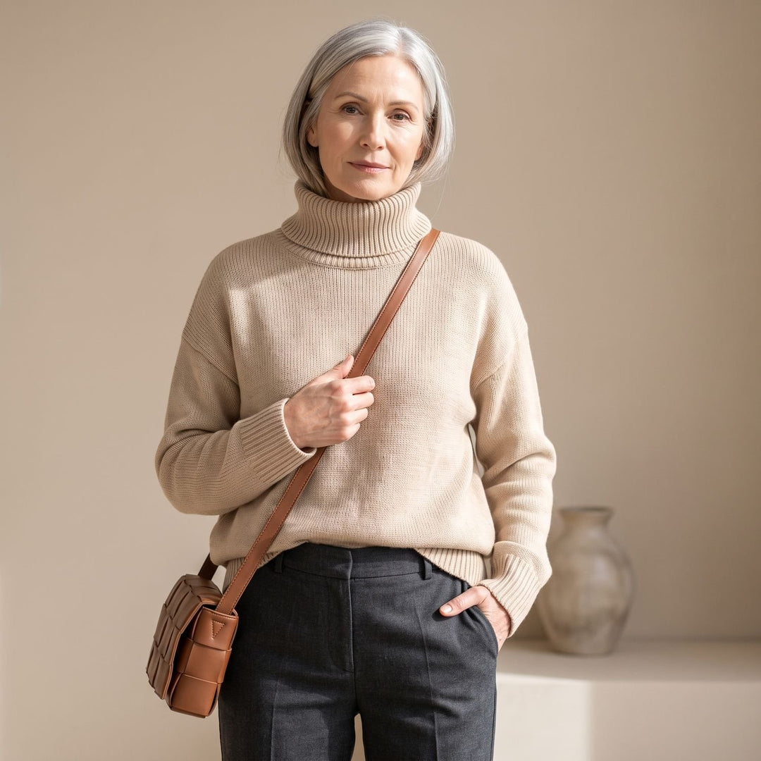 Women's Oversized Turtleneck Sweater Relaxed Soft Knit - Beige