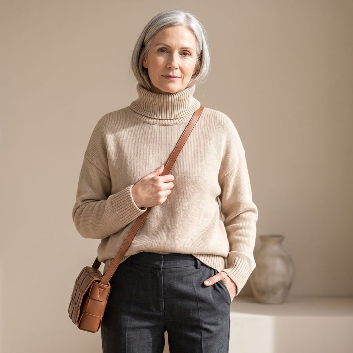 Women's Oversized Turtleneck Sweater Relaxed Soft Knit - Beige