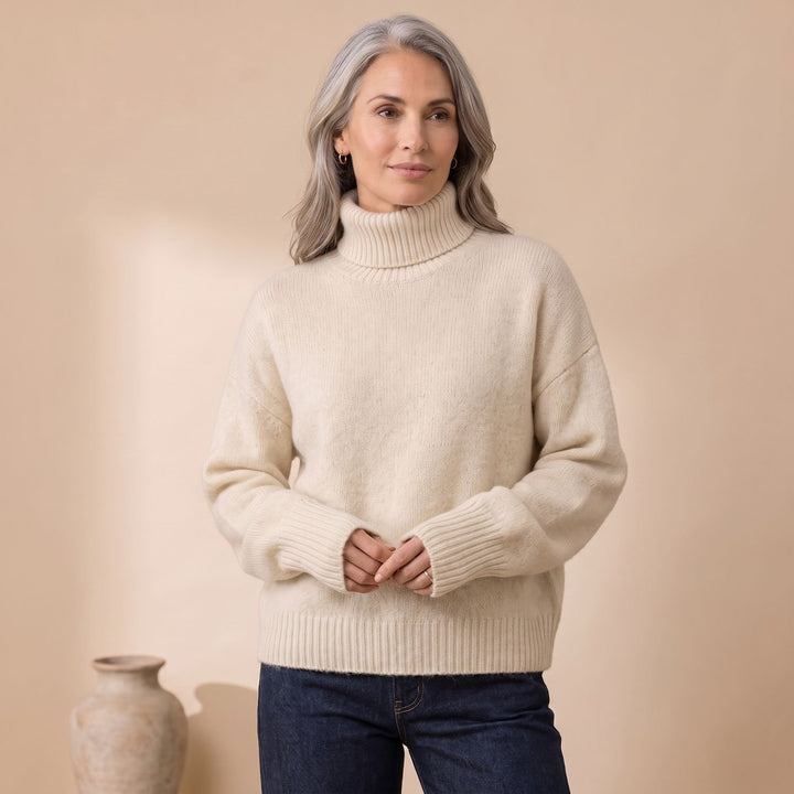 Women's Oversized Turtleneck Sweater Relaxed Soft Knit - White