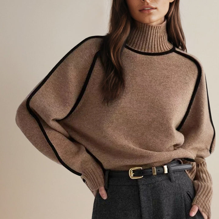 Women's Oversized Turtleneck Sweater Ribbed Knit Side-Stripe Pullover - Brown