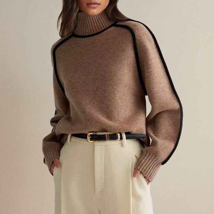 Women's Oversized Turtleneck Sweater Ribbed Knit Side-Stripe Pullover