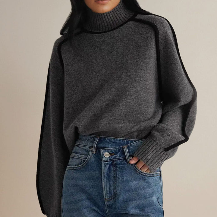 Women's Oversized Turtleneck Sweater Ribbed Knit Side-Stripe Pullover - Grey