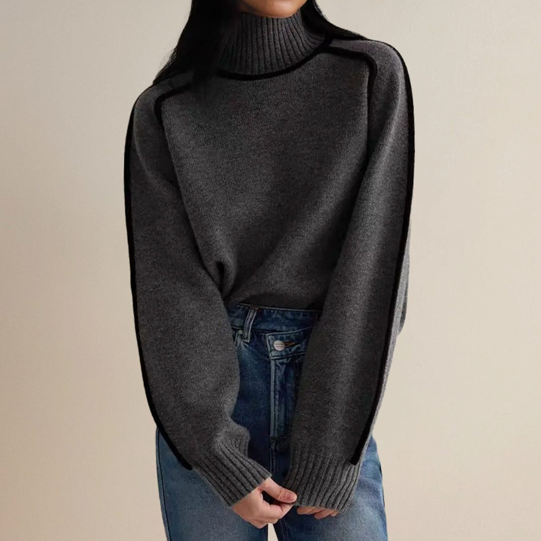 Women's Oversized Turtleneck Sweater Ribbed Knit Side-Stripe Pullover