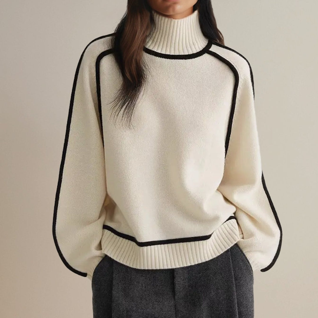 Women's Oversized Turtleneck Sweater Ribbed Knit Side-Stripe Pullover - White