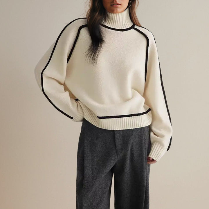 Women's Oversized Turtleneck Sweater Ribbed Knit Side-Stripe Pullover