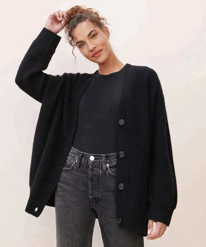 Women's Oversized V-Neck Button-Front Cashmere Cardigan - Black