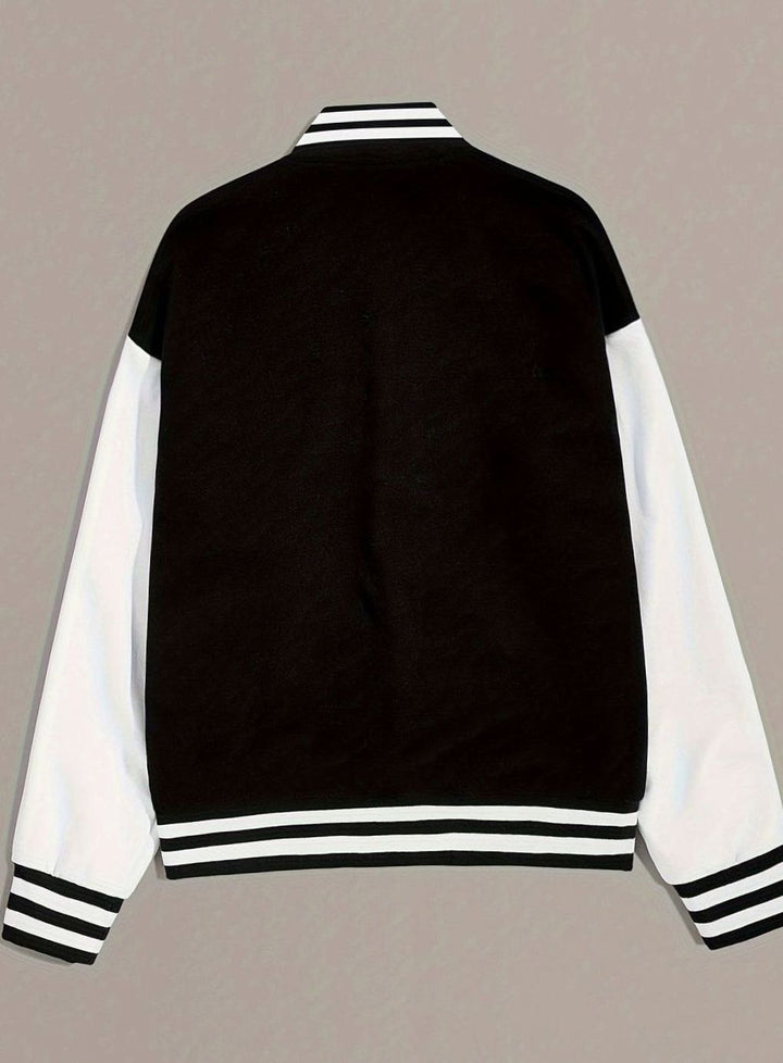 Women's Oversized Varsity Bomber Jacket Snap-Button Two-Tone Badge