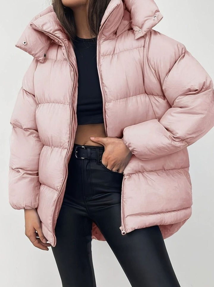 Women's Oversized Zip-Up Stand-Collar Puffer Jacket - Pink