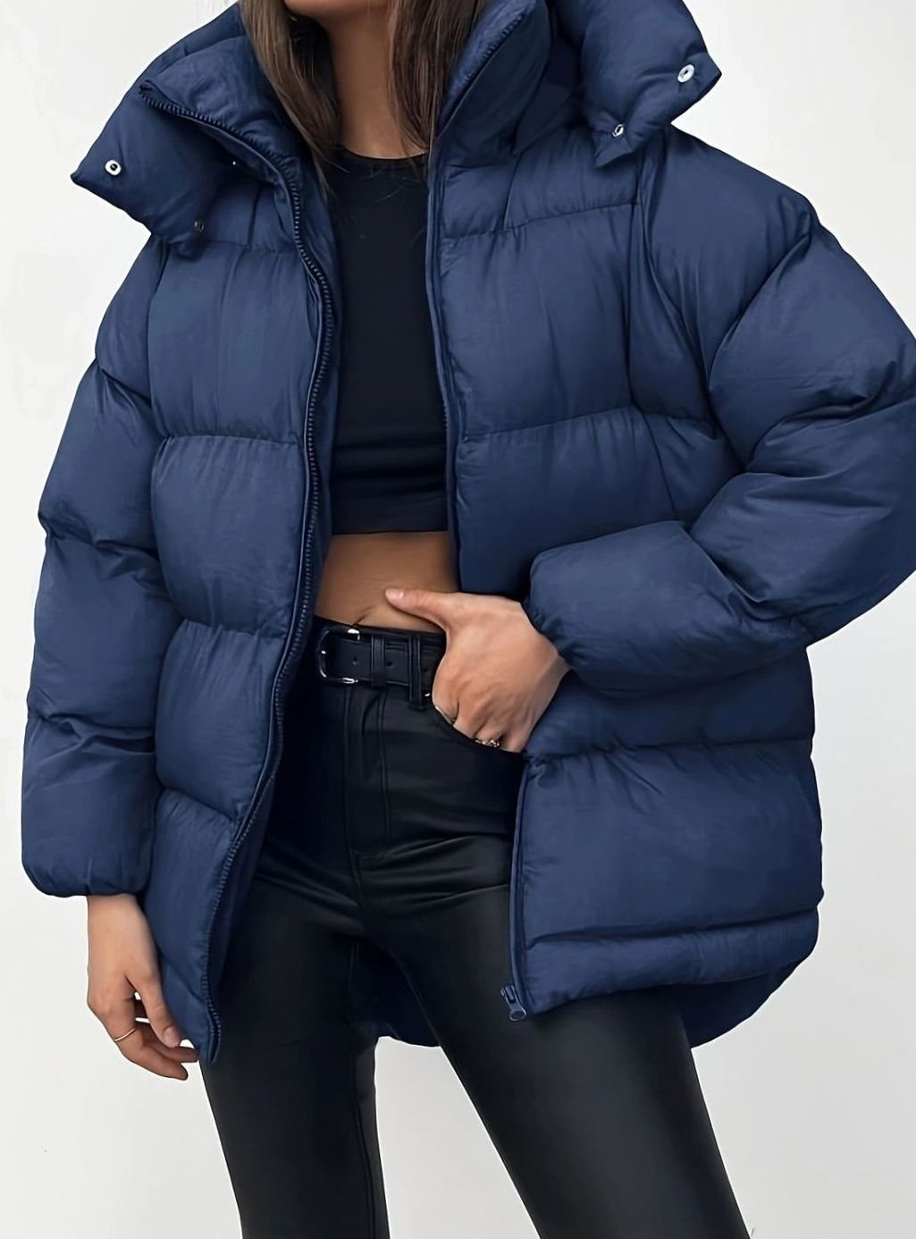 Women's Oversized Zip-Up Stand-Collar Puffer Jacket - Navy Blue