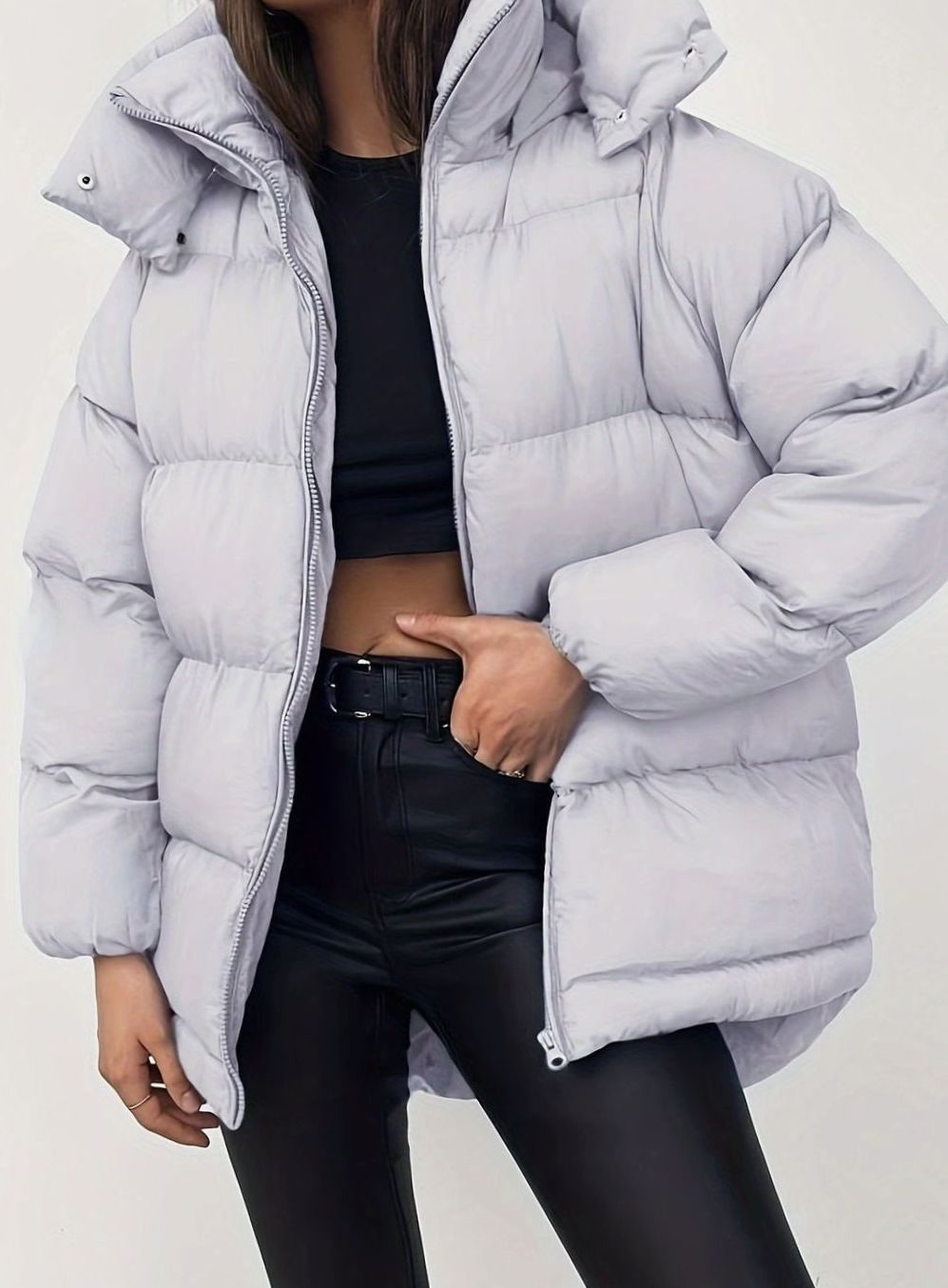 Women's Oversized Zip-Up Stand-Collar Puffer Jacket - Light Grey