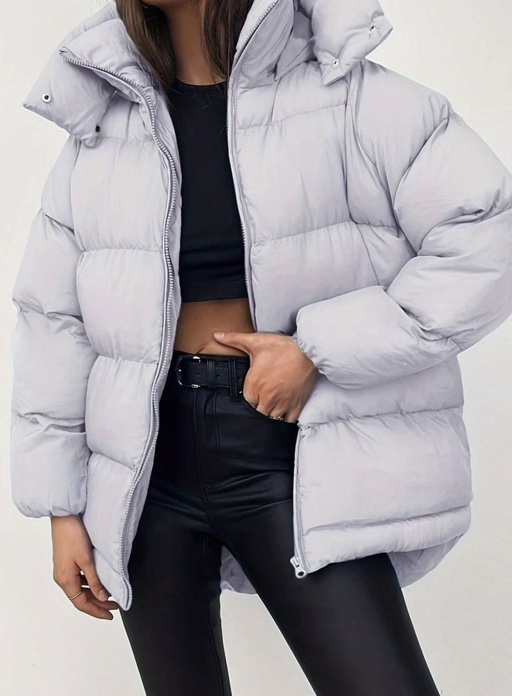 Women's Oversized Zip-Up Stand-Collar Puffer Jacket - Light Grey