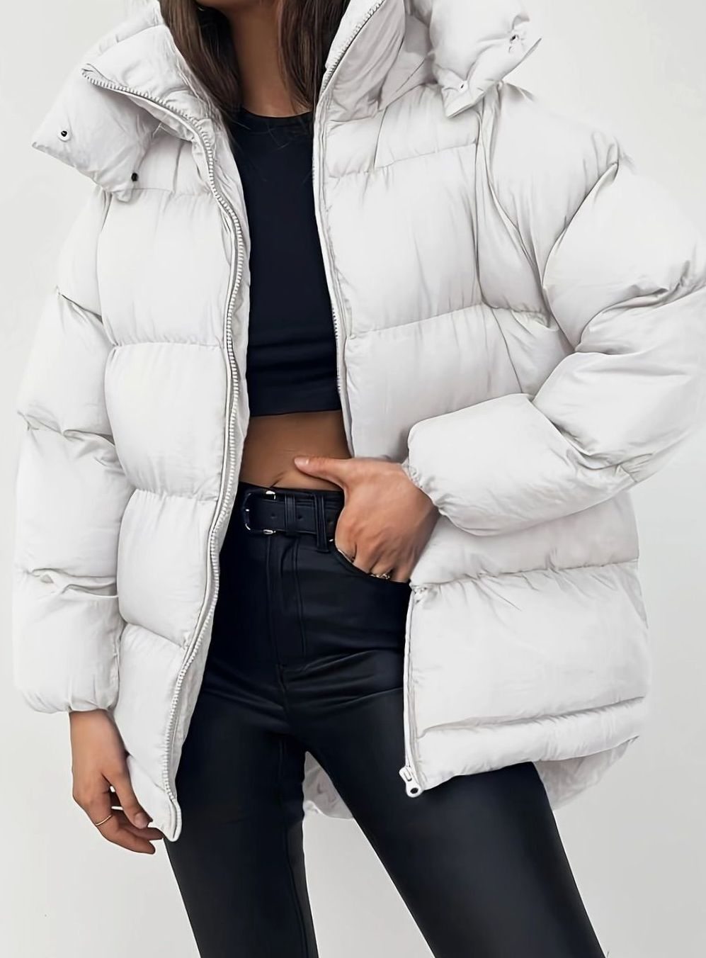 Women's Oversized Zip-Up Stand-Collar Puffer Jacket - White
