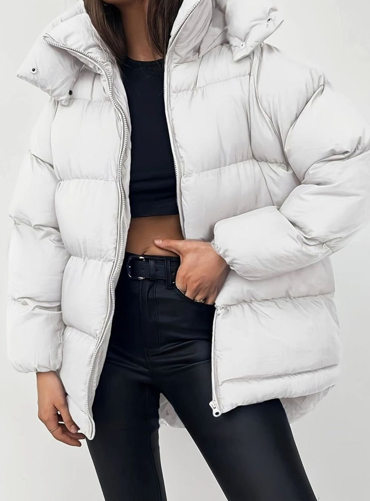 Women's Oversized Zip-Up Stand-Collar Puffer Jacket - White