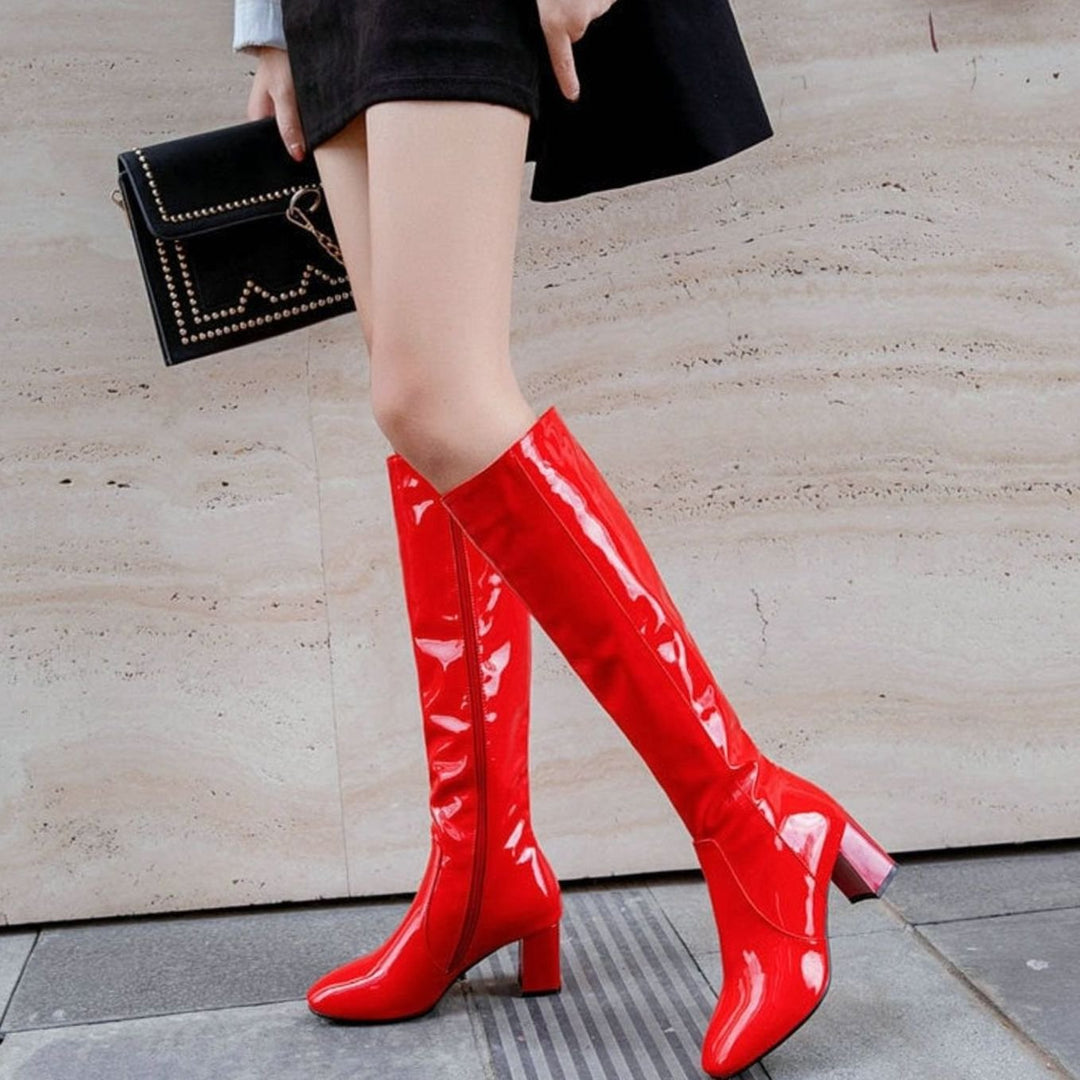 Women's Patent Leather Block-Heel Knee-High Boots - Red