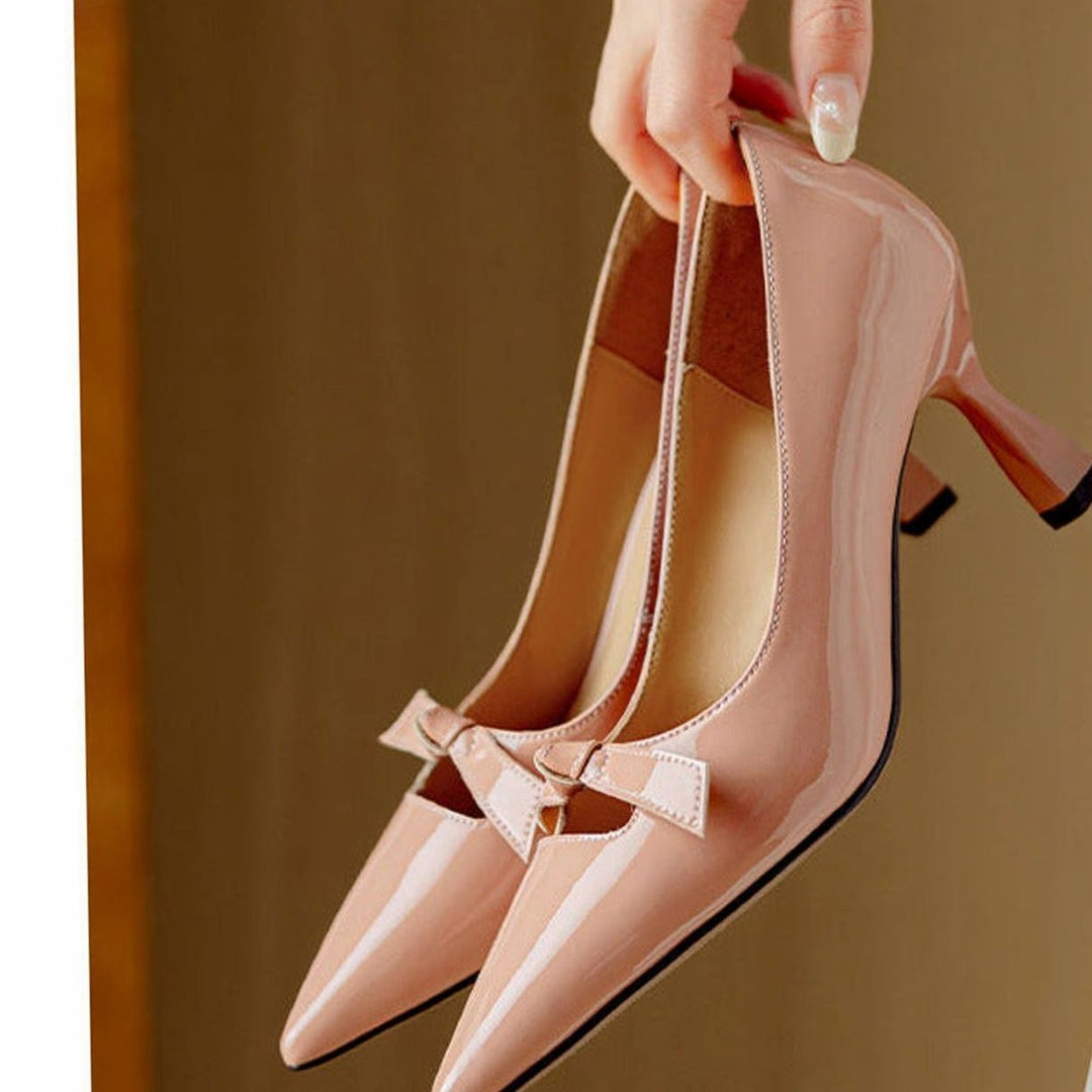 Women's Patent Pointed-Toe Bow Slip-On Kitten Heel Pumps