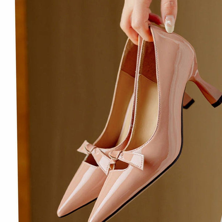 Women's Patent Pointed-Toe Bow Slip-On Kitten Heel Pumps