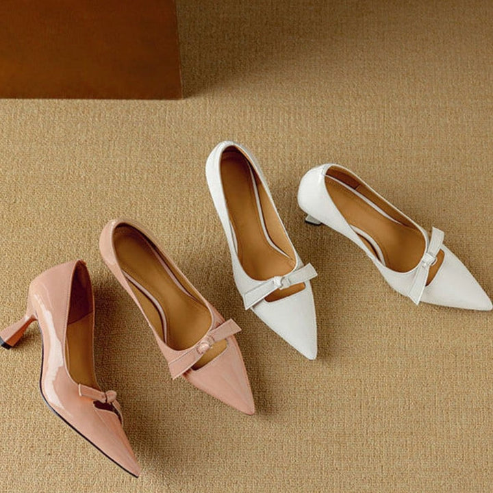 Women's Patent Pointed-Toe Bow Slip-On Kitten Heel Pumps