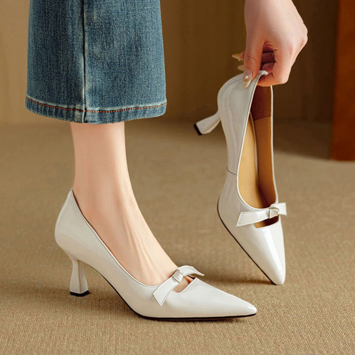 Women's Patent Pointed-Toe Bow Slip-On Kitten Heel Pumps - White