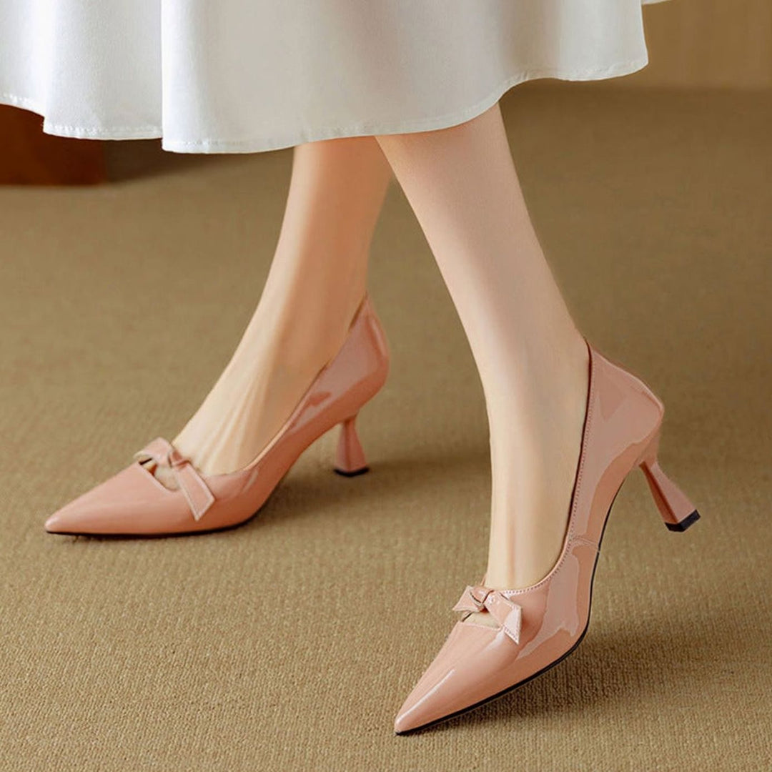 Women's Patent Pointed-Toe Bow Slip-On Kitten Heel Pumps
