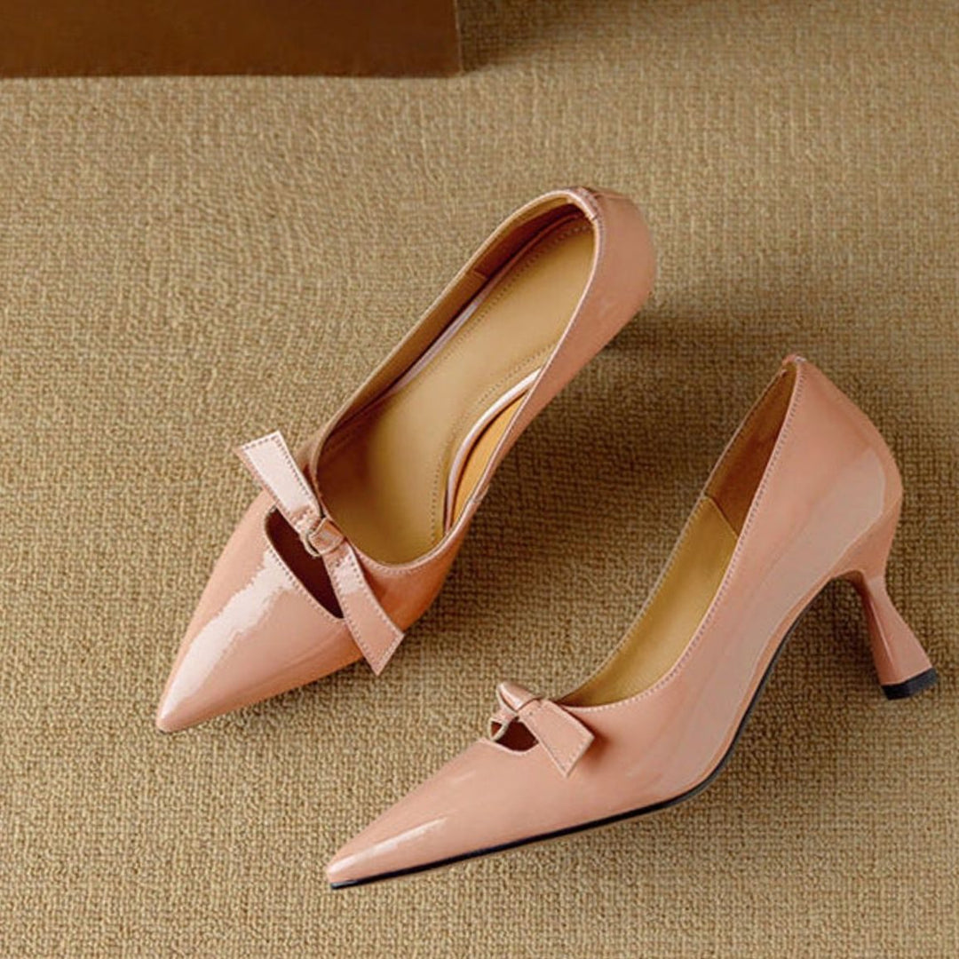 Women's Patent Pointed-Toe Bow Slip-On Kitten Heel Pumps