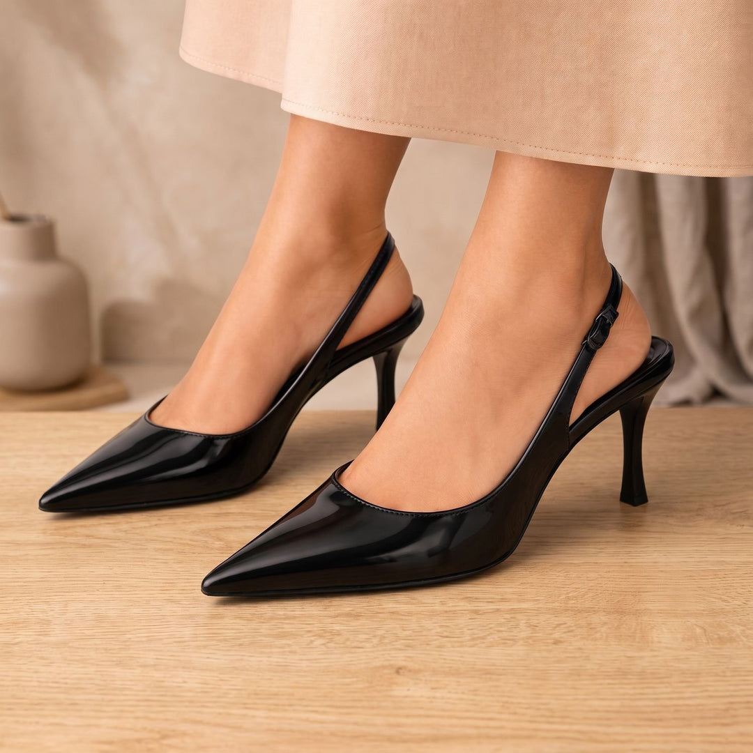Women's Patent Pointed-Toe Slingback Stiletto Pumps - Black