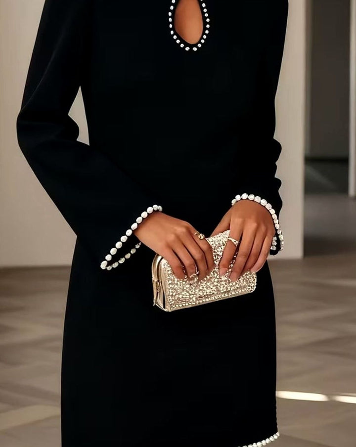Women's Pearl-Trim Long-Sleeve Keyhole Mini Dress