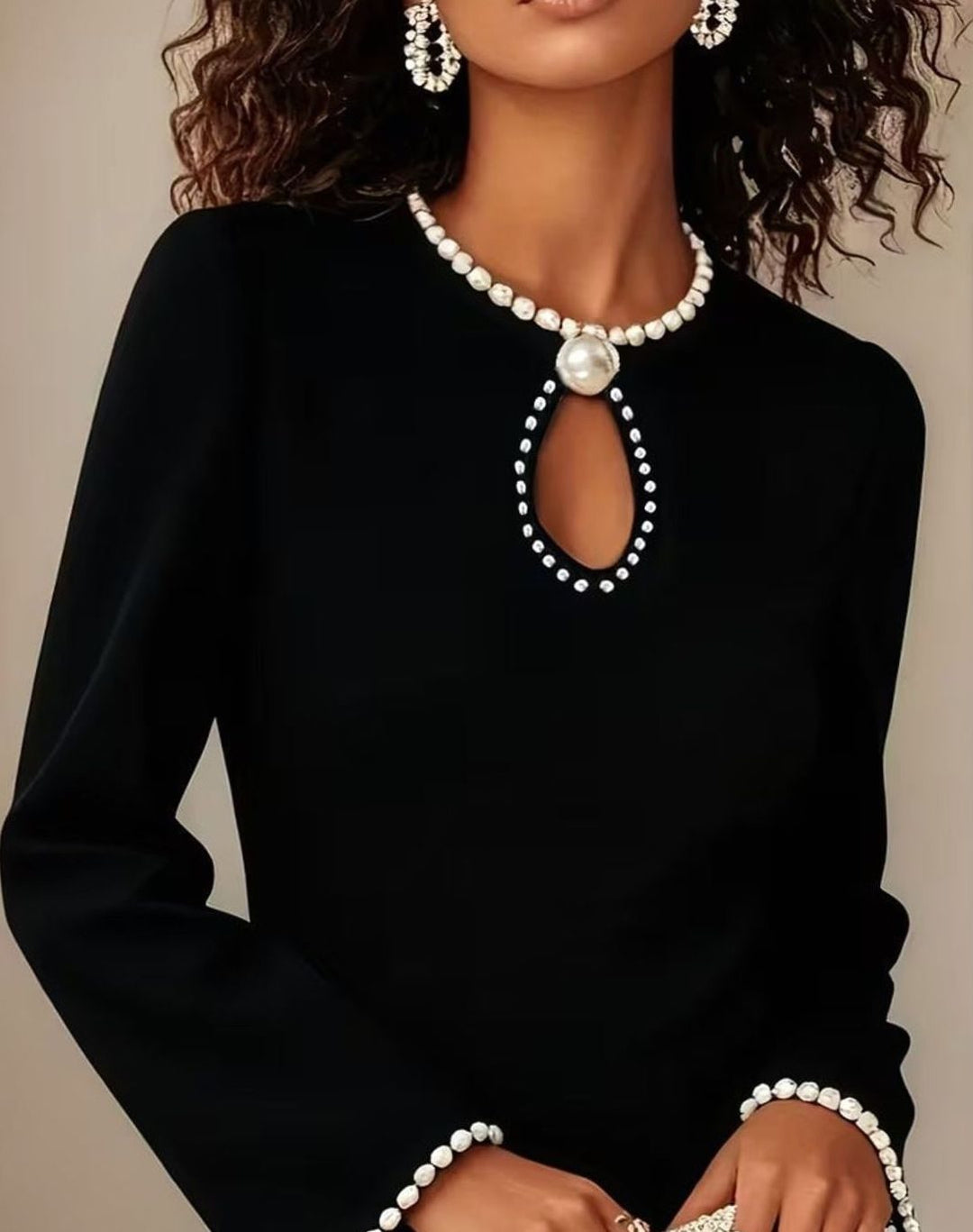 Women's Pearl-Trim Long-Sleeve Keyhole Mini Dress