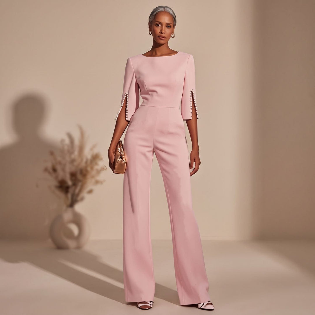 Women's Pearl-Trim Split-Sleeve Wide-Leg Formal Jumpsuit - Pink