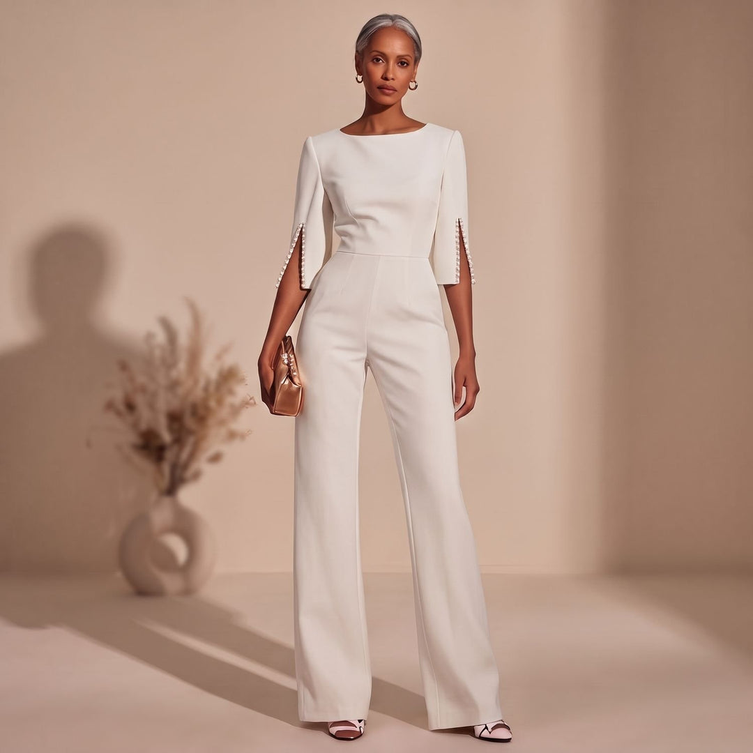 Women's Pearl-Trim Split-Sleeve Wide-Leg Formal Jumpsuit - White
