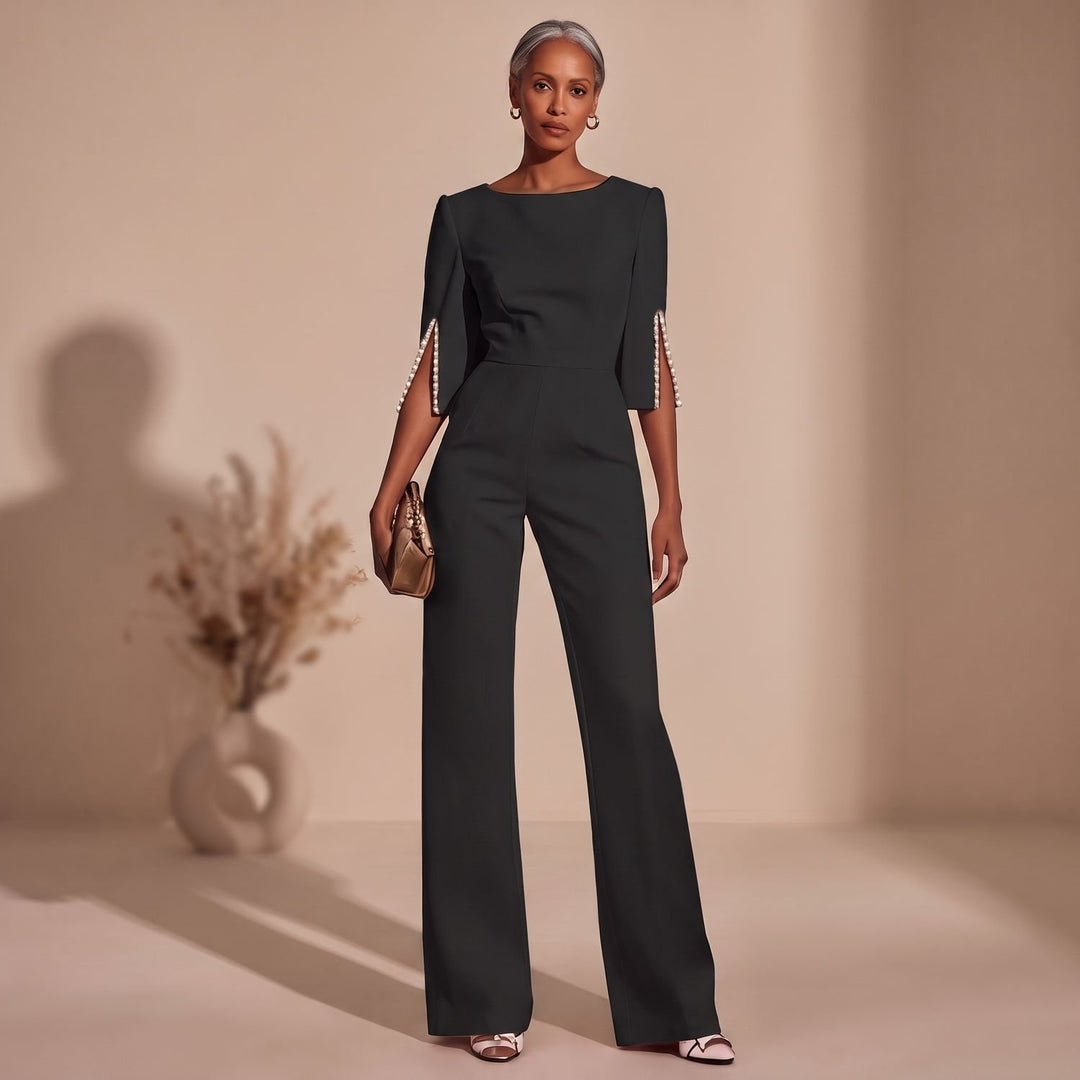 Women's Pearl-Trim Split-Sleeve Wide-Leg Formal Jumpsuit - Black