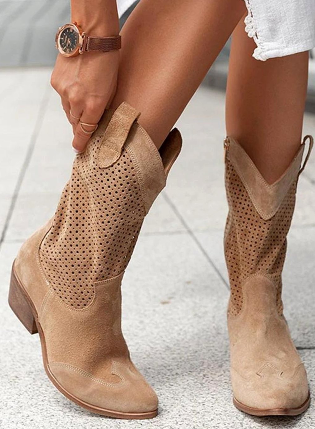 Women's Perforated Suede Mid-Calf Western Boots - Brown