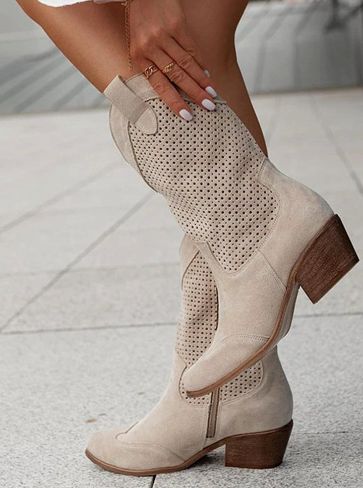 Women's Perforated Suede Mid-Calf Western Boots - Khaki