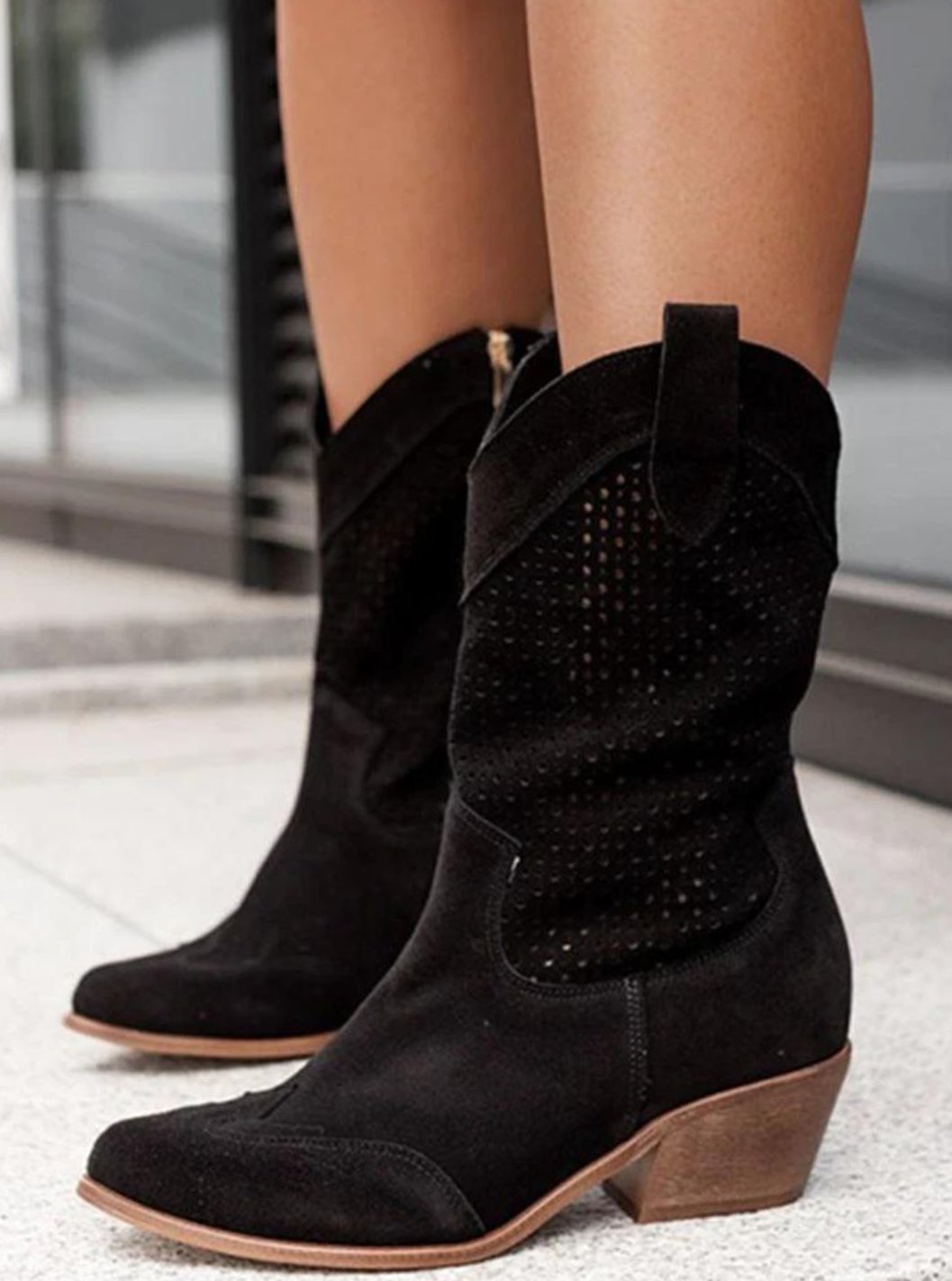 Women's Perforated Suede Mid-Calf Western Boots - Black