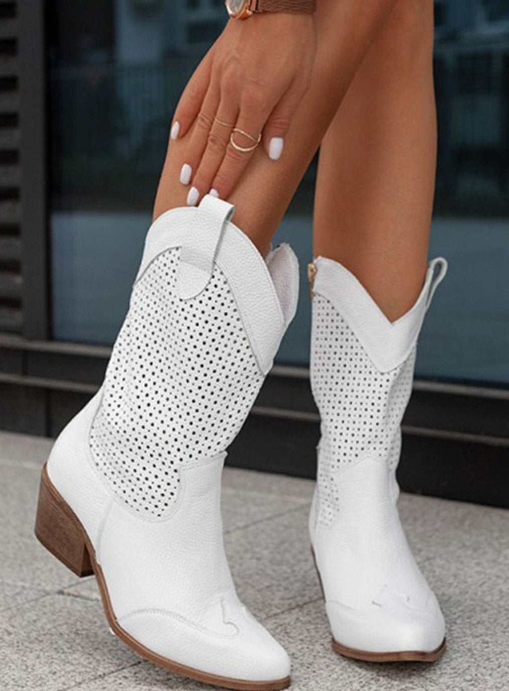 Women's Perforated Suede Mid-Calf Western Boots - White