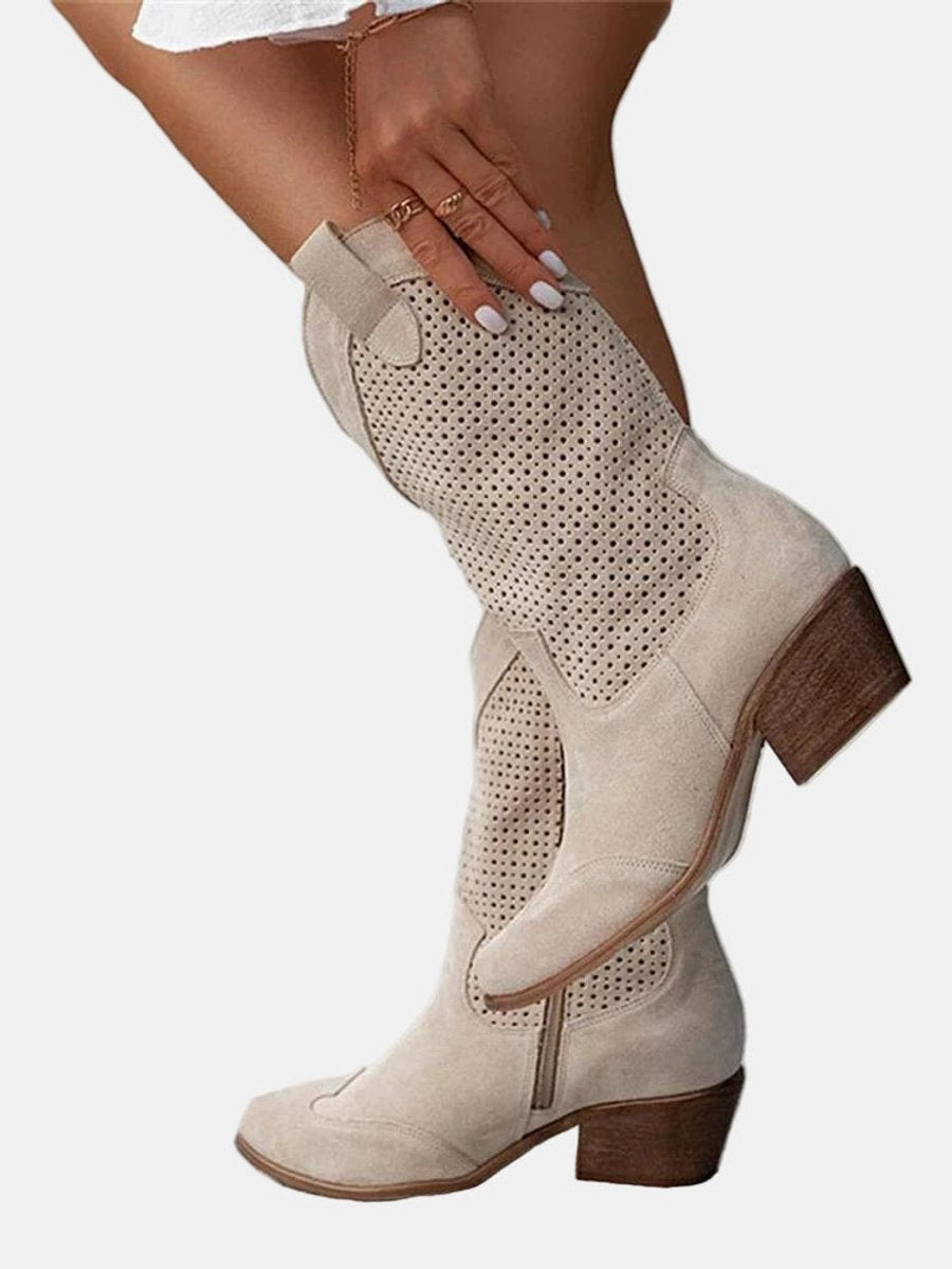 Women's Perforated Suede Western Knee High Boots Block Heel - Beige