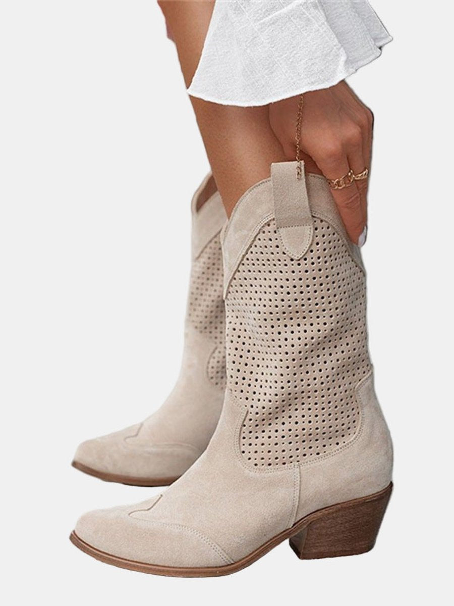Women's Perforated Suede Western Knee High Boots Block Heel