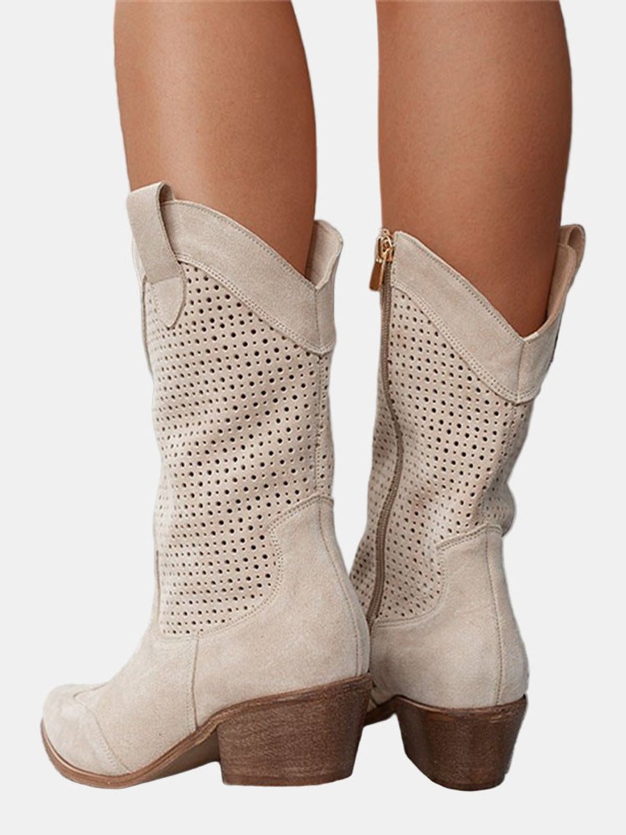 Women's Perforated Suede Western Knee High Boots Block Heel