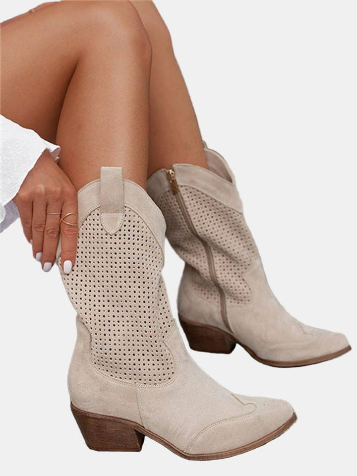 Women's Perforated Suede Western Knee High Boots Block Heel