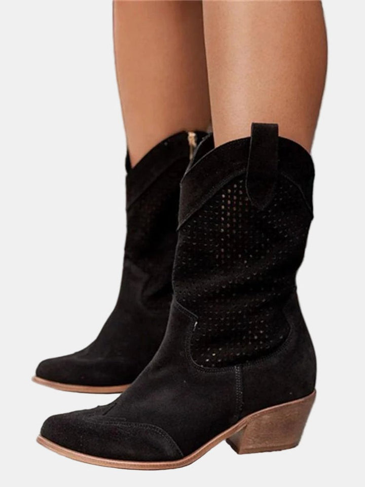 Women's Perforated Suede Western Knee High Boots Block Heel - Black