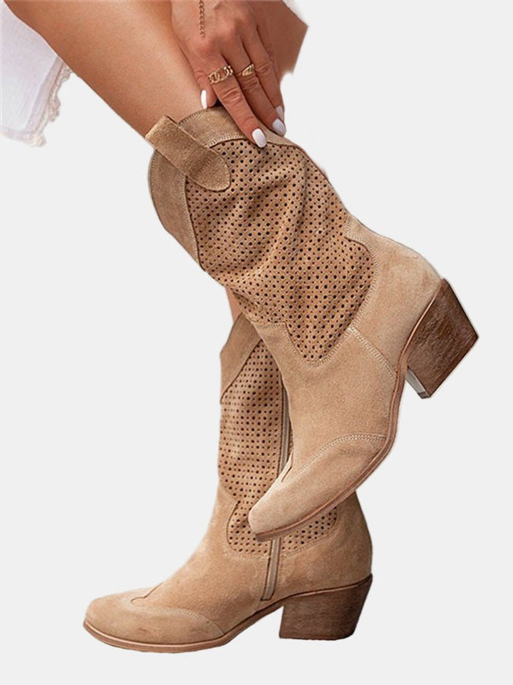 Women's Perforated Suede Western Knee High Boots Block Heel