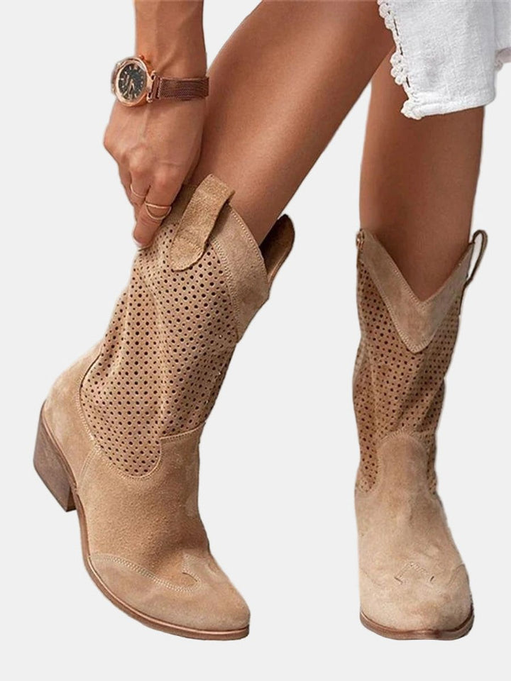 Women's Perforated Suede Western Knee High Boots Block Heel - Brown