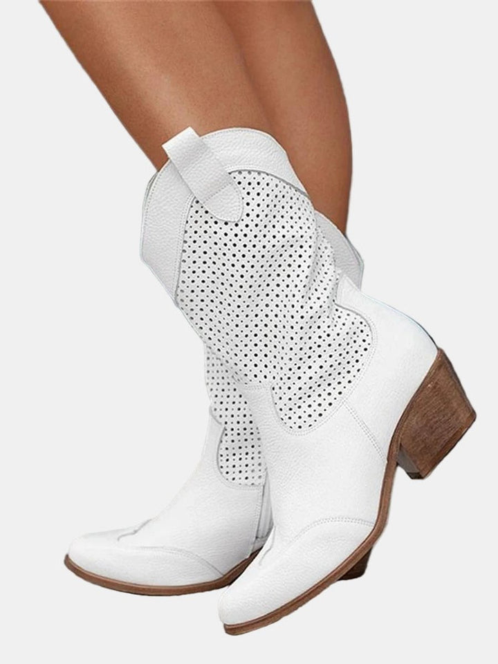 Women's Perforated Suede Western Knee High Boots Block Heel - White