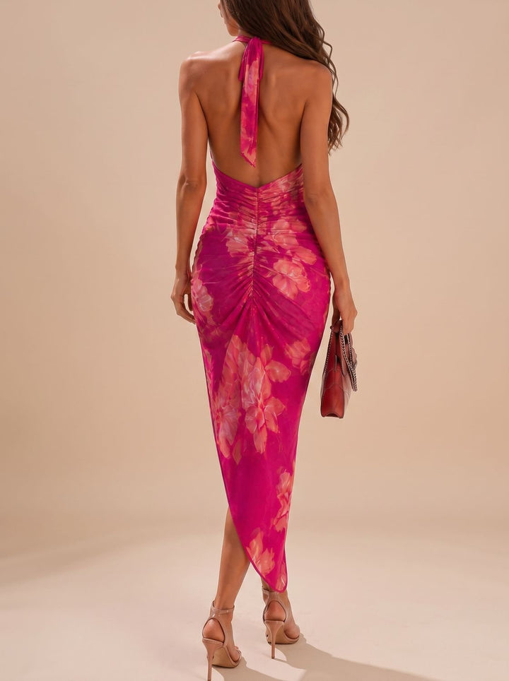 Women's Pink Floral Print Ruched Spaghetti Strap Midi Sundress